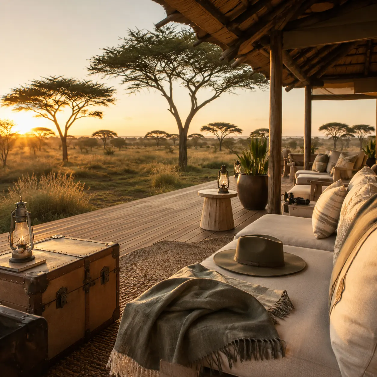 Safari lodge deck overlooking the savanna at sunset