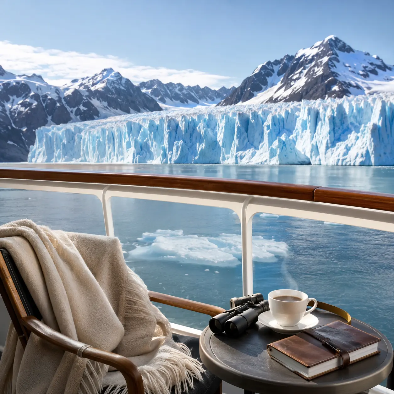 Cruise ship balcony overlooking an Alaskan glacier