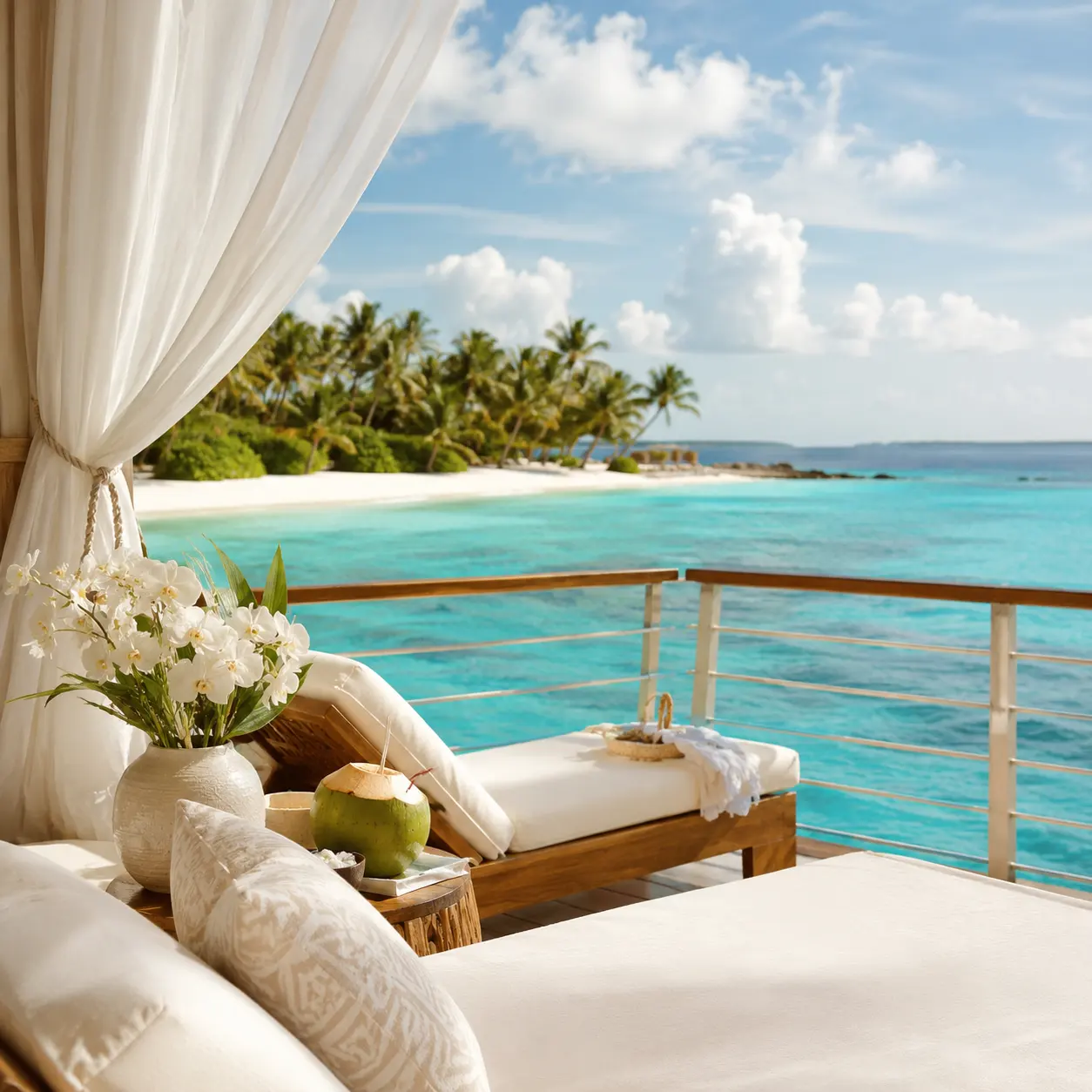 Overwater cabana with a coconut drink overlooking a Caribbean island