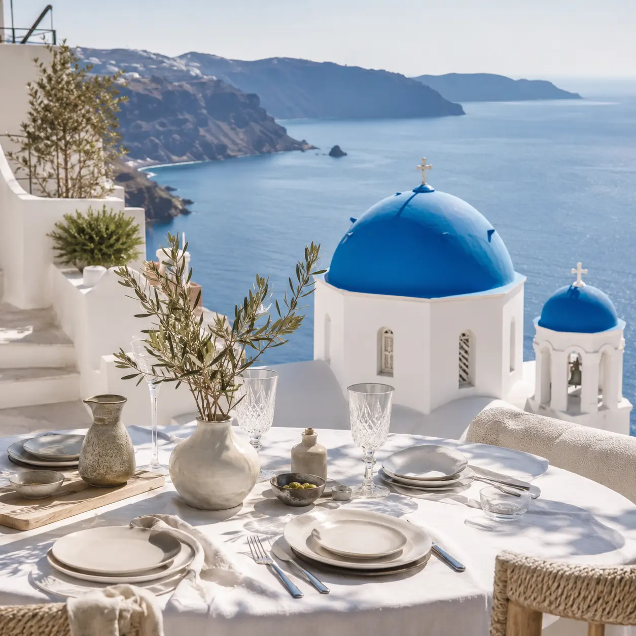 Table set on a terrace overlooking Santorini's blue-domed church and the sea