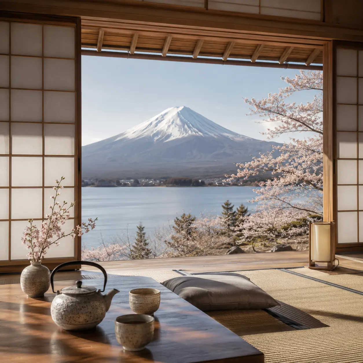 Traditional ryokan room with a view of Mount Fuji and cherry blossoms
