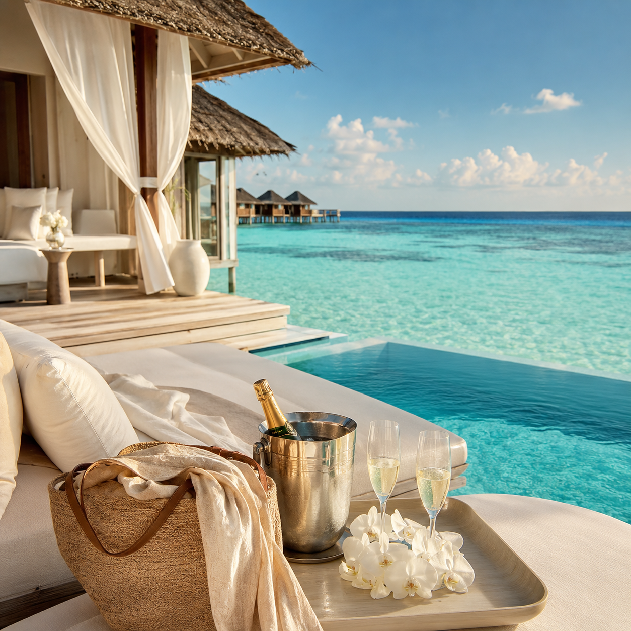 Overwater villa deck with champagne overlooking the Maldives lagoon