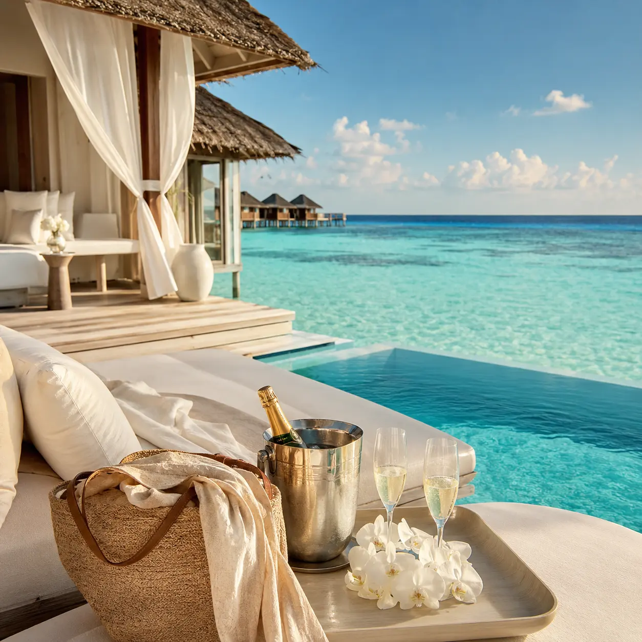 Overwater villa deck with champagne overlooking the Maldives lagoon