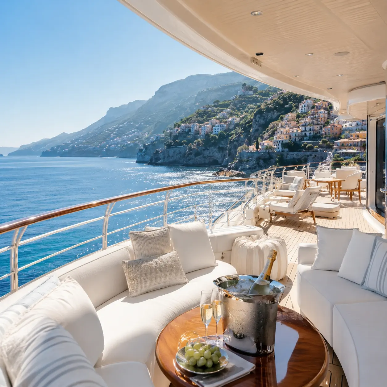 Yacht deck overlooking the colorful cliffside villages of the Amalfi Coast