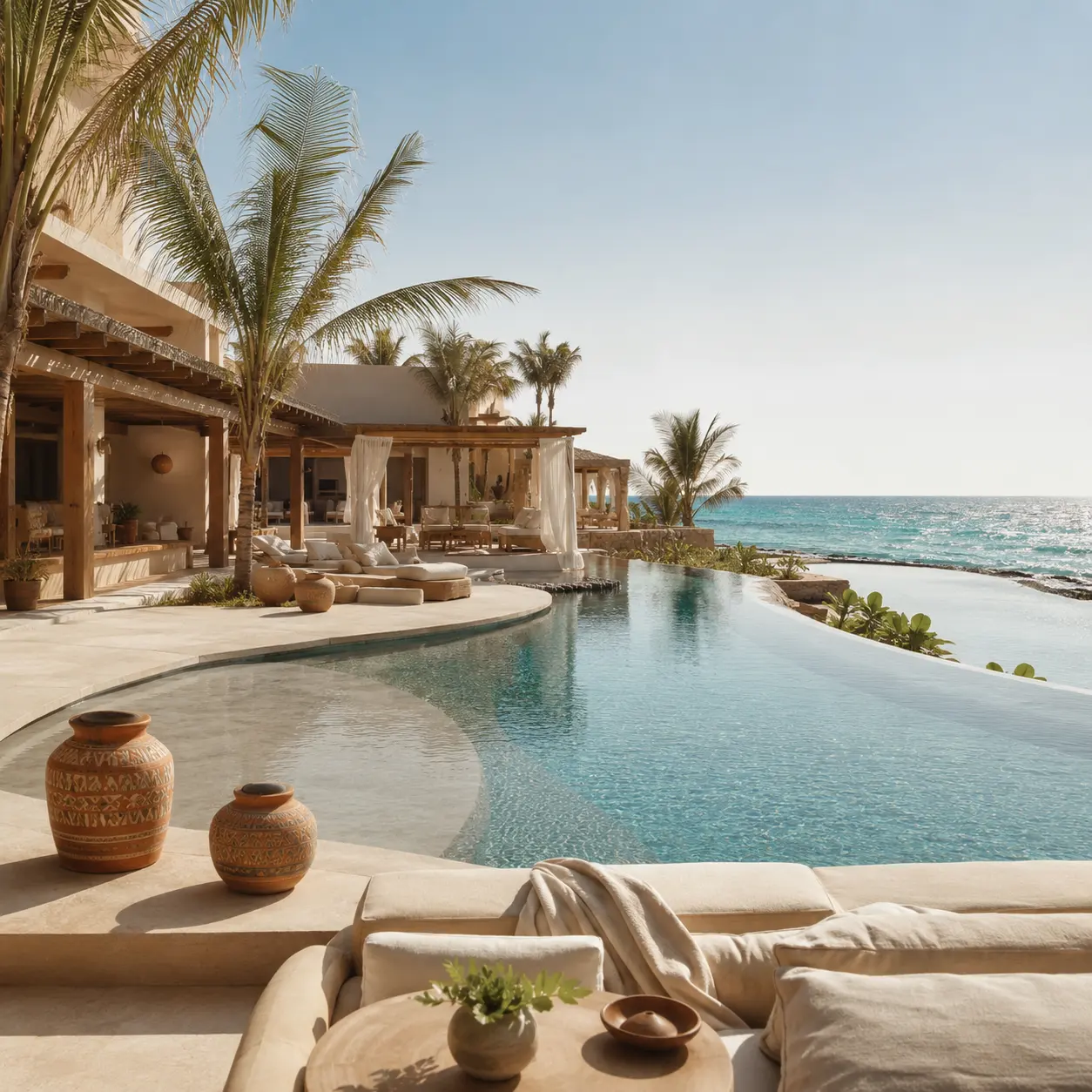 Oceanfront infinity pool and palapas at a Mexico resort