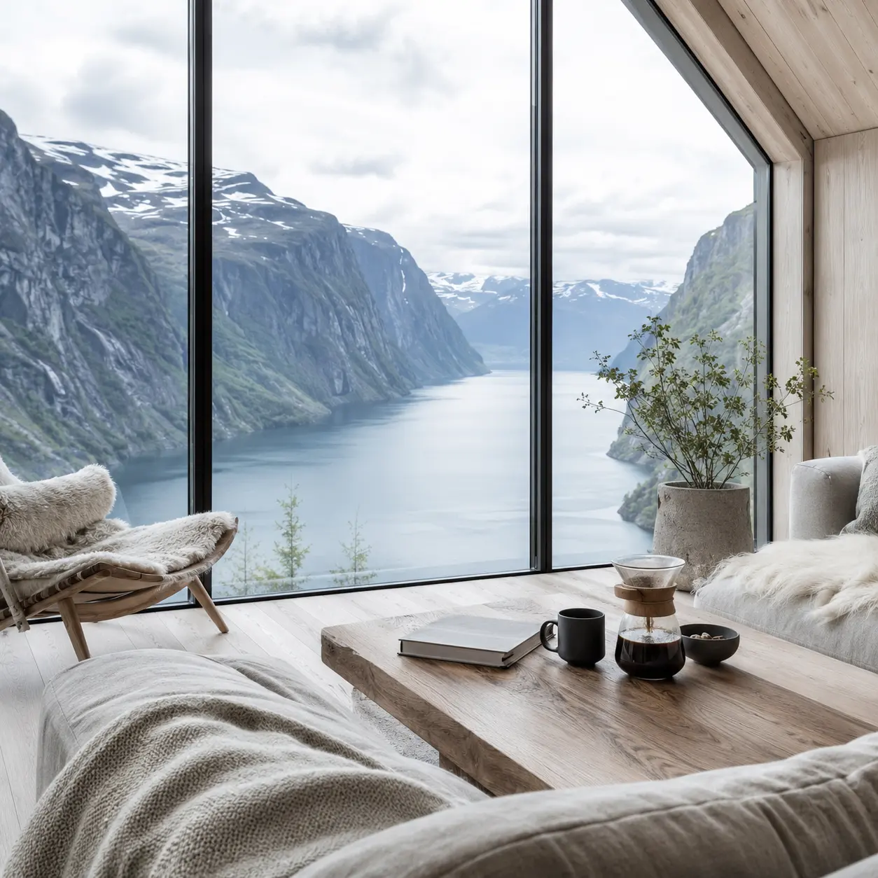 Window-side lounge overlooking a Norwegian fjord