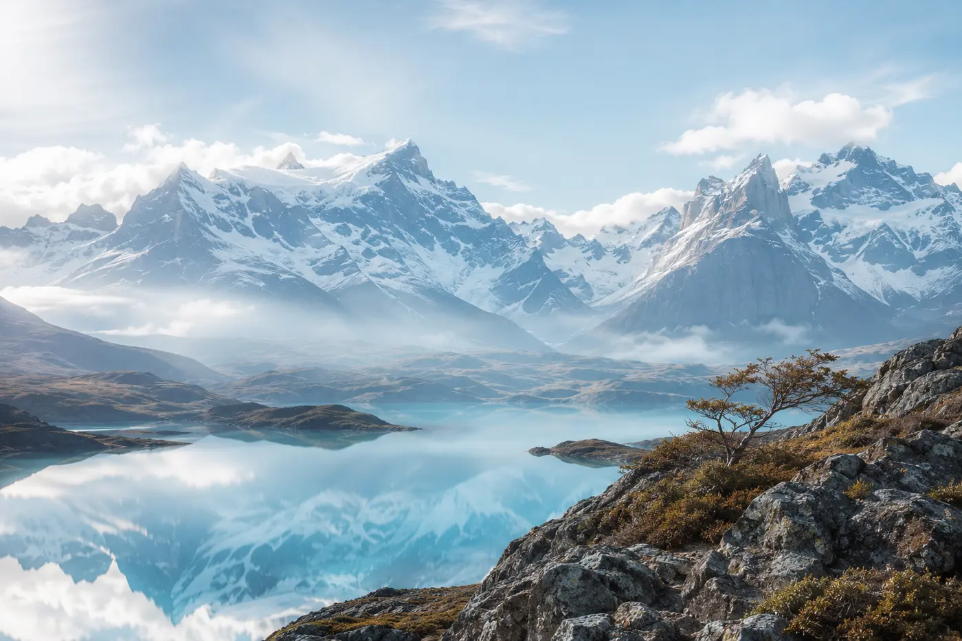 Reflection of snow-capped peaks in a Patagonia lake