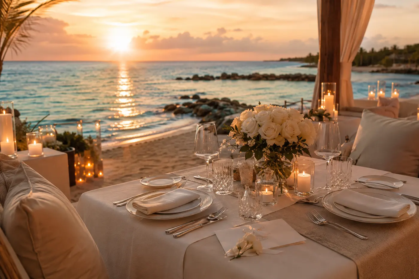 Candlelit sunset dinner table set on the beach