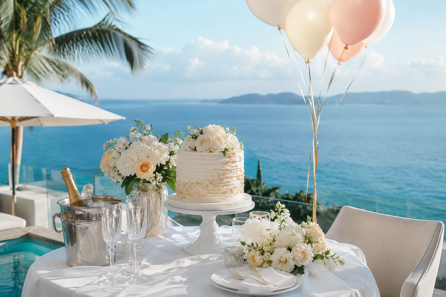 Celebration table with cake, champagne, and balloons overlooking the ocean