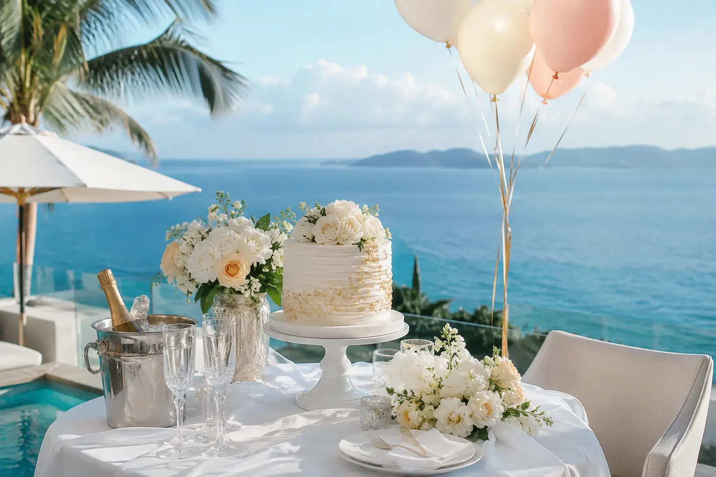 Celebration table with cake, champagne, and balloons overlooking the ocean