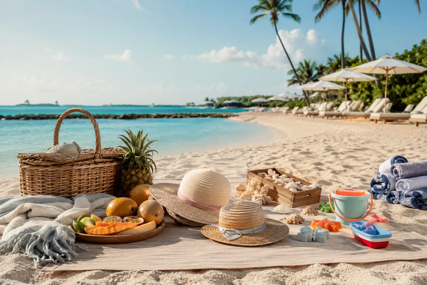 Beach picnic set up with sand toys and sun hats for the whole family