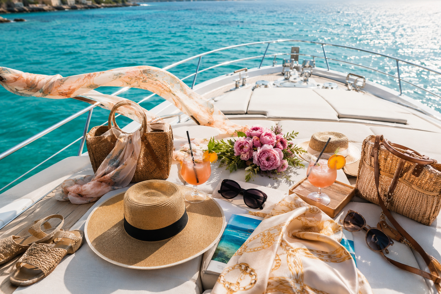 Yacht bow set with cocktails, sun hats, and scarves for a girls trip