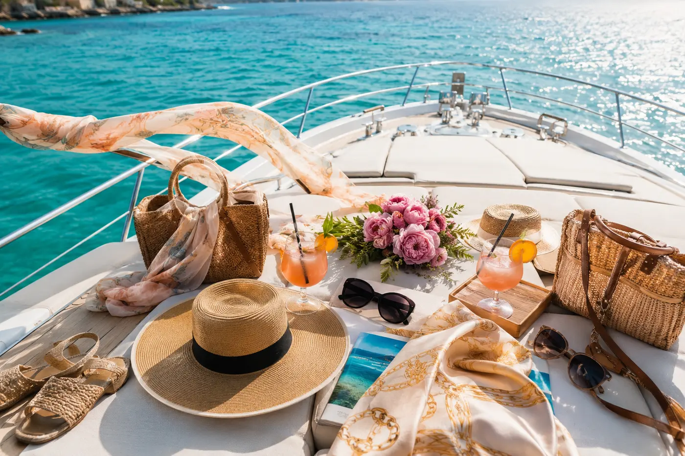 Yacht bow set with cocktails, sun hats, and scarves for a girls trip