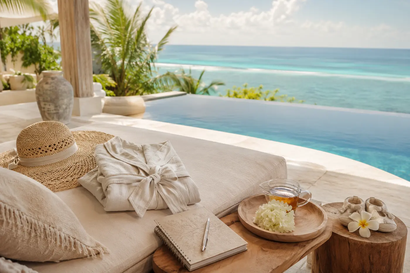 Sunlit poolside daybed overlooking the ocean, set for a romantic escape