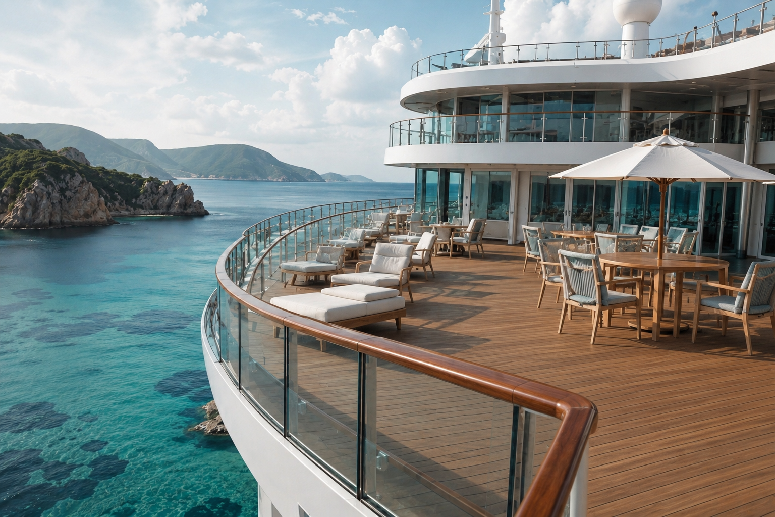 Luxury cruise ship deck overlooking the coast