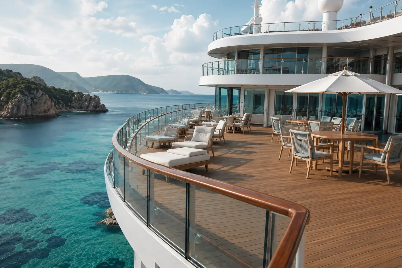 Luxury cruise ship deck overlooking the coast