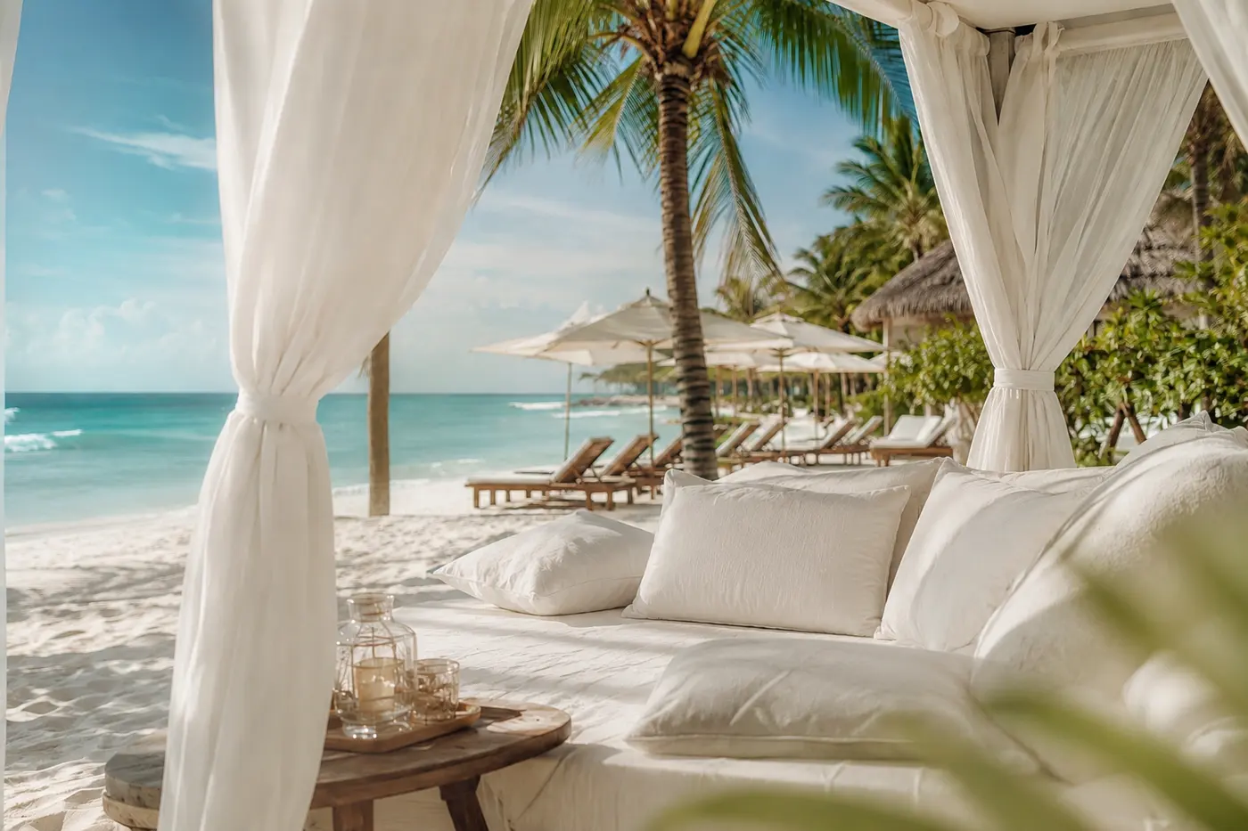 Beachfront cabana daybed overlooking a tropical shoreline