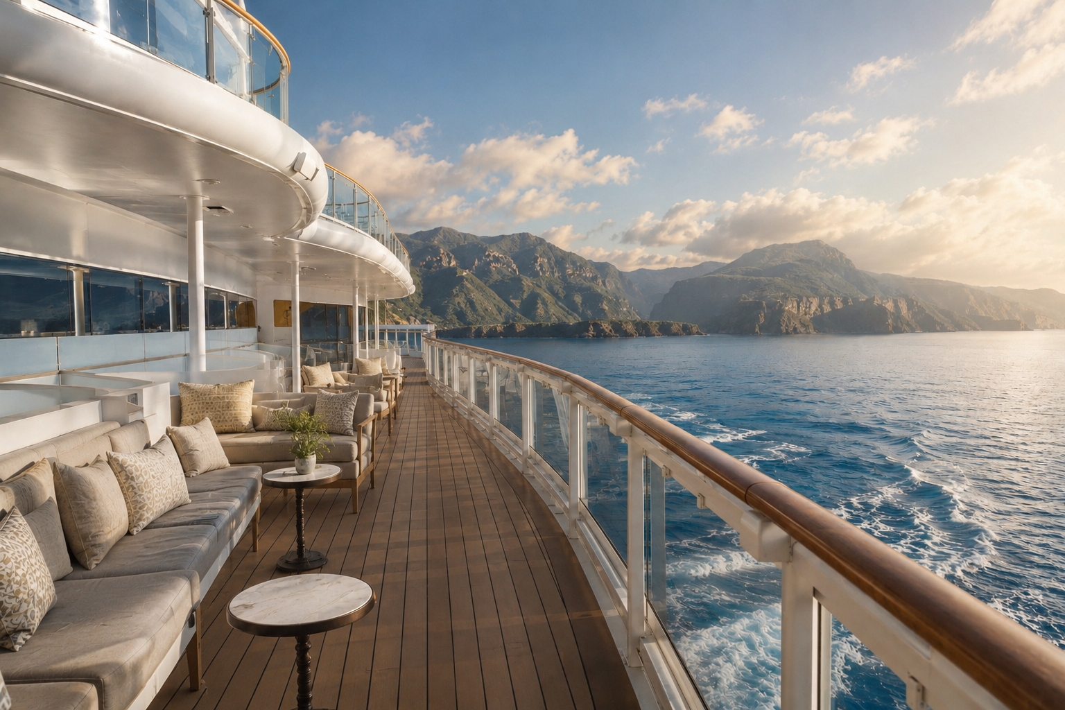 Cruise ship deck lounge overlooking a coastal mountain range
