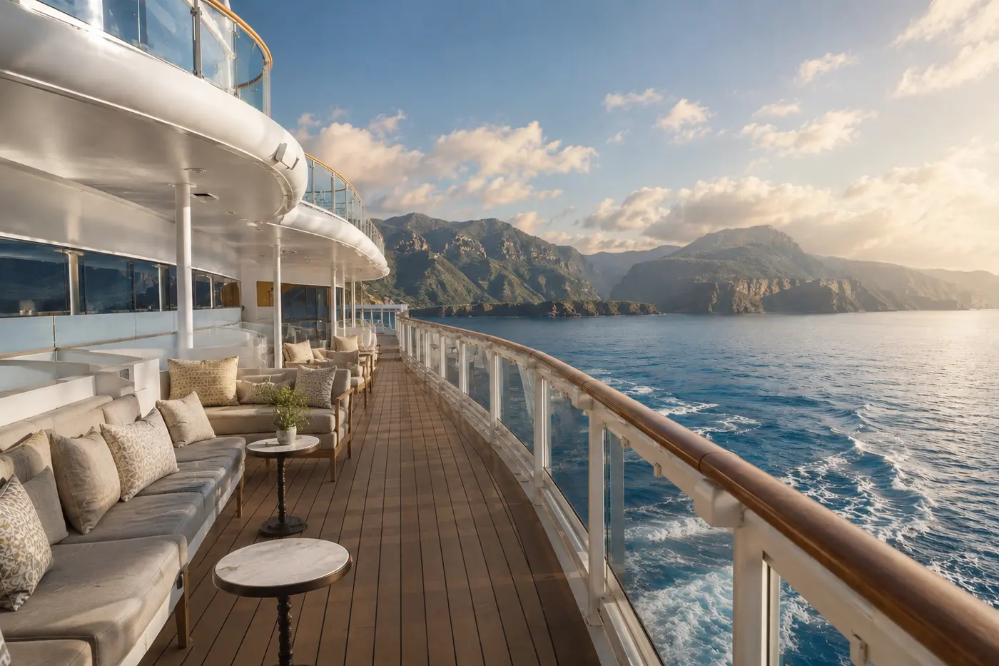 Cruise ship deck lounge overlooking a coastal mountain range