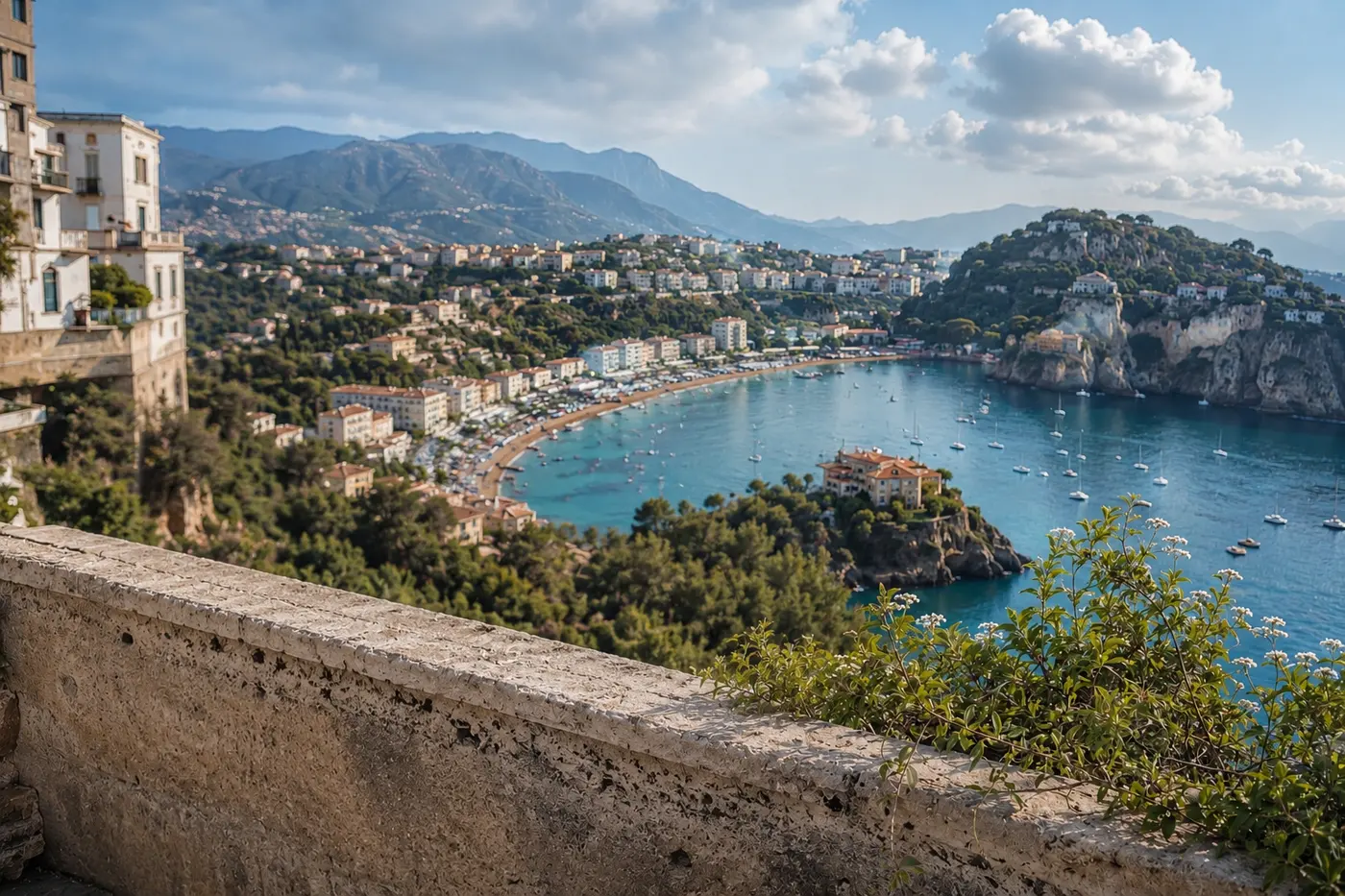 Scenic overlook of a Mediterranean coastal town and bay