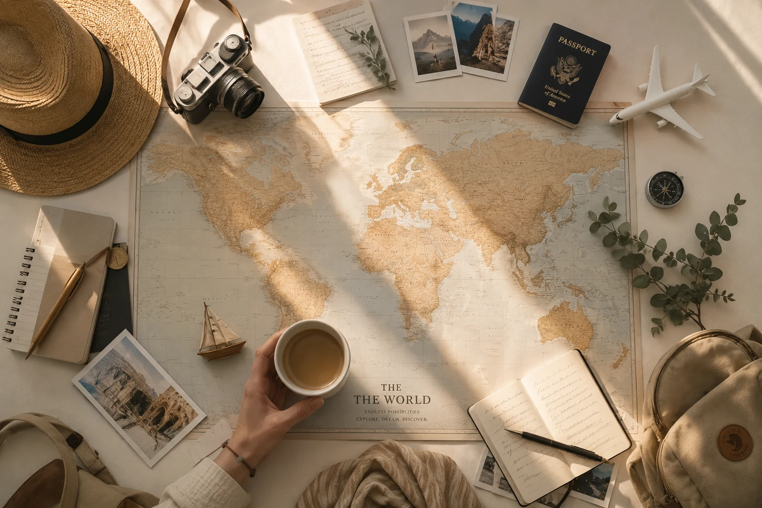 Flat-lay travel planning desk with a world map, passport, camera, and coffee